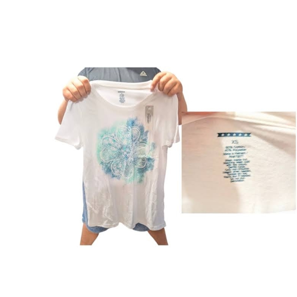 White Tee with Blue and Green Floral Design